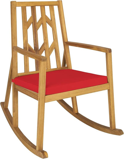 Tangkula Acacia Wood Patio Rocking Chair, Outdoor Porch Rocker W/Removable High-Density Cushion, All-Weather Resistance, Perfect for Garden, Backyard, Poolside (1, Red)