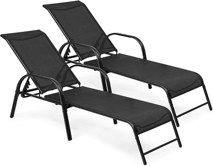 Tangkula Outdoor Patio Lounge Chairs Set of 2, Adjustable Folding Reclining Chaise Lounge, 5-Position Backrest Adjustment, Sling Chaise for Patio Beach Porch Swimming Poolside