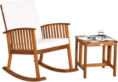 Tangkula Acacia Wood Patio Bistro Set, Outdoor Rocking Chair with Table, Porch Rocker with Thick Cushion of Detachable Cover, Porch Rocking Chair Table Set for Outdoor Indoor Patio Backyard, Teak