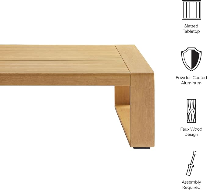 Modway Lirienne Aluminum Faux Wood Outdoor Coffee Table in Natural - 47 Inch Weather-Resistant Modern Rectangle Patio - Photo 4