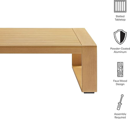 Modway Lirienne Aluminum Faux Wood Outdoor Coffee Table in Natural - 47 Inch Weather-Resistant Modern Rectangle Patio Table with Slatted Top