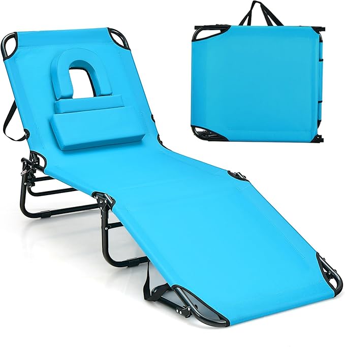 Goplus Tanning Chair, Folding Beach Lounge Chair with Face Hole, Removable Pillow, Carry Strap, Position Adjustable - Photo 1