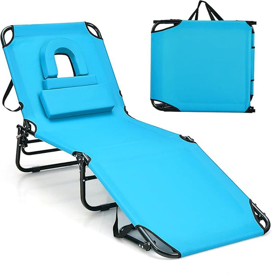 Goplus Tanning Chair, Folding Beach Lounge Chair with Face Hole, Removable Pillow, Carry Strap, Position Adjustable, Sunbathing Chair, Portable Outside Lounge Chair for Patio Pool