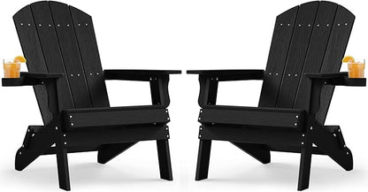 YEFU Adirondack Chair Set of 2, Folding Oversized Plastic Adirondack Chair with Cup Holder, Lawn Chair with Weather Resistant for Outdoor Deck Garden, Weight Capacity Up to 400 Lbs–Black