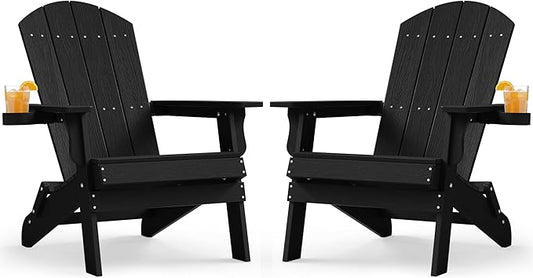 YEFU Adirondack Chair Set of 2, Folding Oversized Plastic Adirondack Chair with Cup Holder, Lawn Chair with Weather Resistant for Outdoor Deck Garden, Weight Capacity Up to 400 Lbs–Black