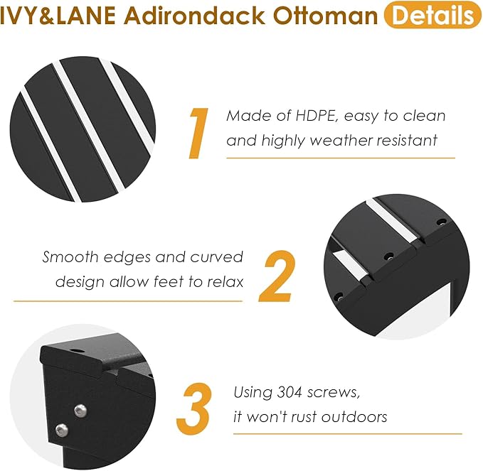 IVY&LANE Outdoor Adirondack Ottoman | Folding | HDPE | Black | All Weather - Photo 5