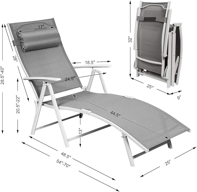 COSTWAY Outdoor Folding Chaise Lounge Chair, Lightweight 7-Gear Adjustable Recliner with Neck Pillow, No Assembly, Ideal for Deck, Patio (Grey)