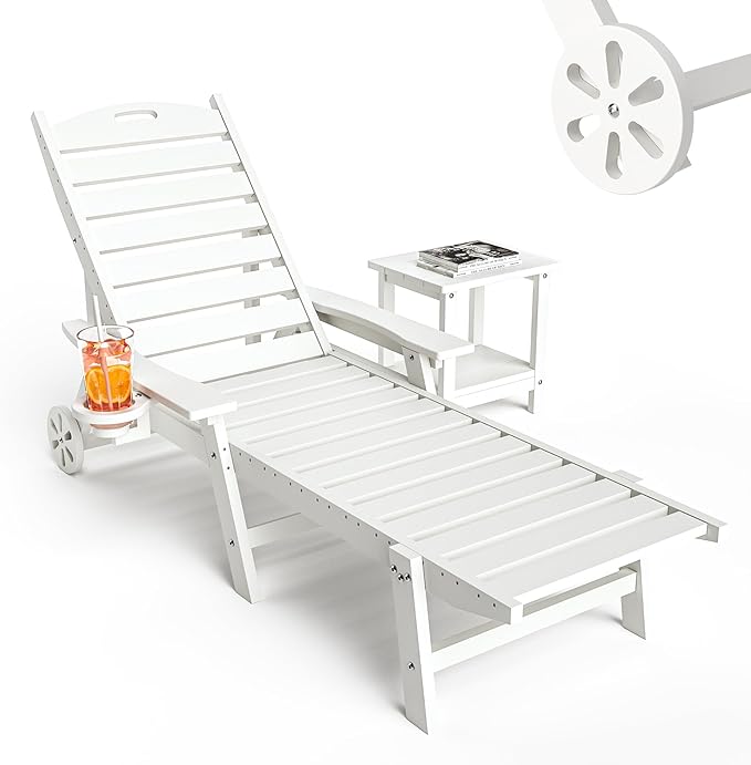Pamapic 500 LBS Lounge Chair with Coffee Table Set of 2, Wide Armrest Oversized Chaise Lounge Chair with Wheel, 4 Positions Chaise Lounge with Cup Holder, Outdoor Lounge Chairs for Poolsdie, White