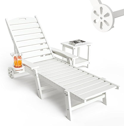 Pamapic 500 LBS Lounge Chair with Coffee Table Set of 2, Wide Armrest Oversized Chaise Lounge Chair with Wheel, 4 Positions Chaise Lounge with Cup Holder, Outdoor Lounge Chairs for Poolsdie, White