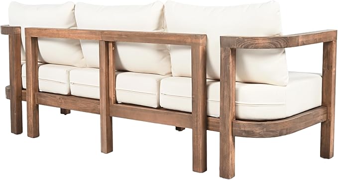 Merax 3 Seater Outdoor Acacia Wood Patio Sofa with Cushions for Porch, Garden, Backyard, Balcony, Brown wash, Beige Cushion