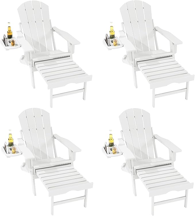 FOOWIN Folding Adjustable Adirondack Chair with Retractable Ottoman Set of 4,HDPE Adirondack Chair w/4 in 1 Cup Holder Trays,All-Weather Resistant Fire Pit Chair for Outdoor Patio Lawn, White