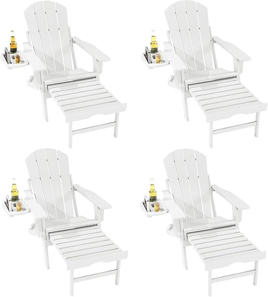 FOOWIN Folding Adjustable Adirondack Chair with Retractable Ottoman Set of 4,HDPE Adirondack Chair w/4 in 1 Cup Holder Trays,All-Weather Resistant Fire Pit Chair for Outdoor Patio Lawn, White