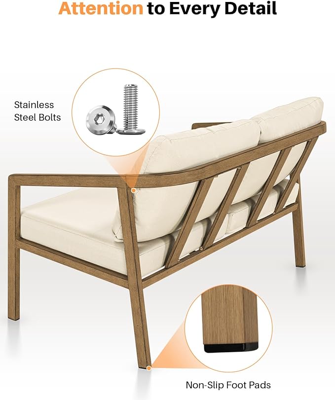 Teak Outdoor Patio Loveseat, Never-Rust Aluminum Outdoor Loveseat Couch with Thick Cushions, Modern 2-Seater Patio Sofa Bench, Outdoor Sofa Loveseat Furniture for Deck, Poolside | Never-Rust, Wood-Grain Texture, Wraparound Design, Removable Cushions