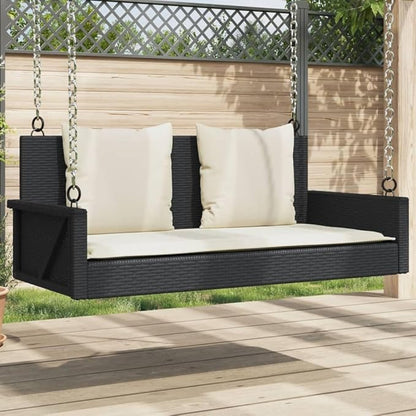Black PE Rattan Swing Bench with Removable Cushions for Patio Balcony Garden, UV-Resistant Outdoor Furniture, Modern Design, Sturdy Metal Frame Supports 242.5 lbs,