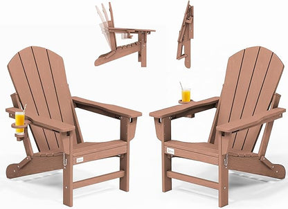 Mdeam 3-Position Adjustable Adirondack Chairs Set of 2, 400LBS Capacity, Cup Holder, Wooden Textured, All-Weather HDPE Folding Fire Pit Outdoor Chairs for Poolside Deck Patio Garden Yard Lawn - Teak