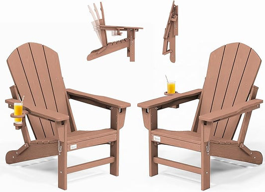 Mdeam 3-Position Adjustable Adirondack Chairs Set of 2, 400LBS Capacity, Cup Holder, Wooden Textured, All-Weather HDPE Folding Fire Pit Outdoor Chairs for Poolside Deck Patio Garden Yard Lawn - Teak