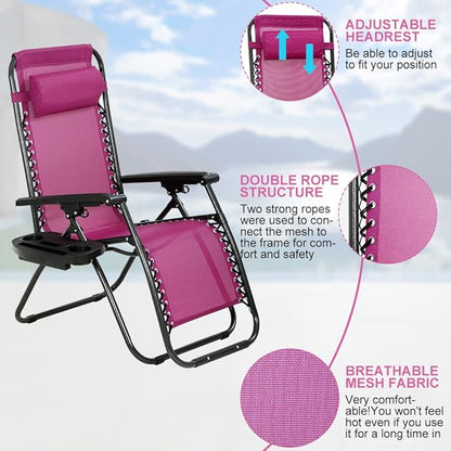 Zero Gravity Chair Patio Chair Lounge Chair Chaise Set of 2 Outdoor Folding Adjustable Recliner Chair with Cup Holder Tray and Pillows for Patio, Pool, Beach, Lawn, Deck, Yard - Red