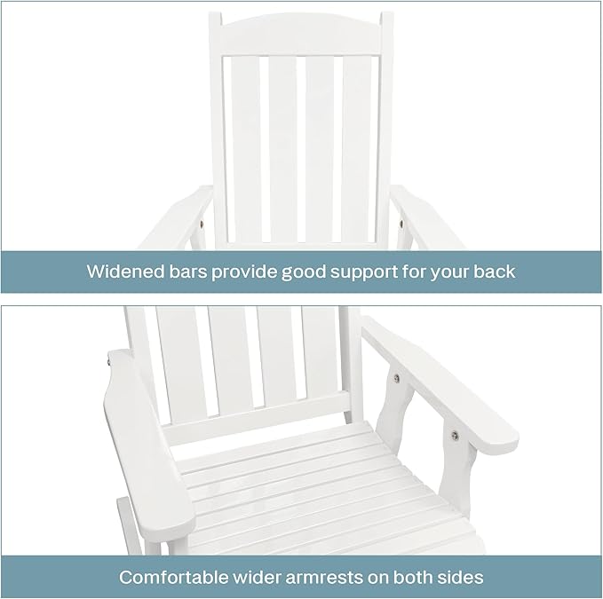 Fortune Candy Wooden Patio Rocking Chair with Comfortable Backrest Inclination, High Backrest and Deep Contoured Seat, Solid Fir Wood, Heavy Duty 600 LBS (Pure White, 2 Pieces)