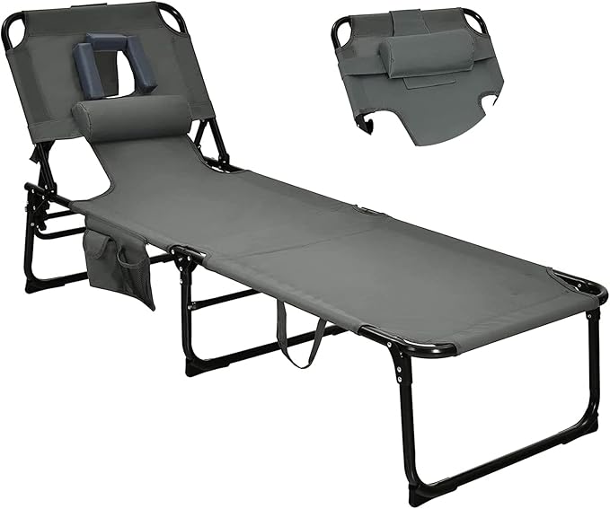 Goplus Tanning Chair, Folding Beach Lounge Chair with Face &Arm Hole, 5-Position Adjustable, Removable Pillow - Photo 1