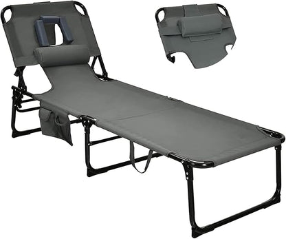 Goplus Tanning Chair, Folding Beach Lounge Chair with Face &Arm Hole, 5-Position Adjustable,Removable Pillow,Side Pocket, Sunbathing Chair, Portable Outdoor Lounge Chair for Patio Pool Lawn (1, Gray)