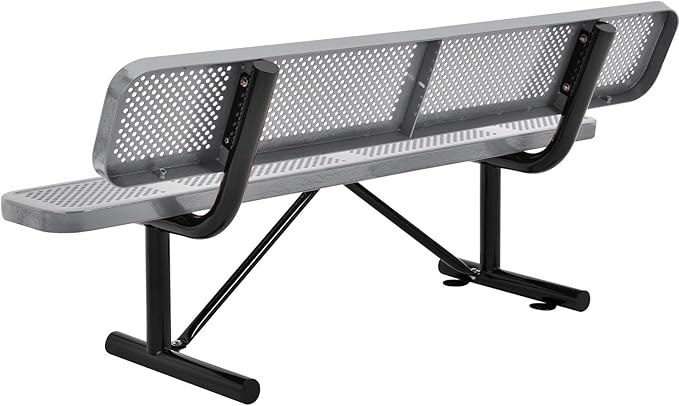 Global Industrial 6'L Heavy Duty Outdoor Steel Picnic Bench with Backrest, Perforated Metal, Portable Outdoor Bench, 1000 lbs Capacity, Gray, 72" L x 24" W x 33" H