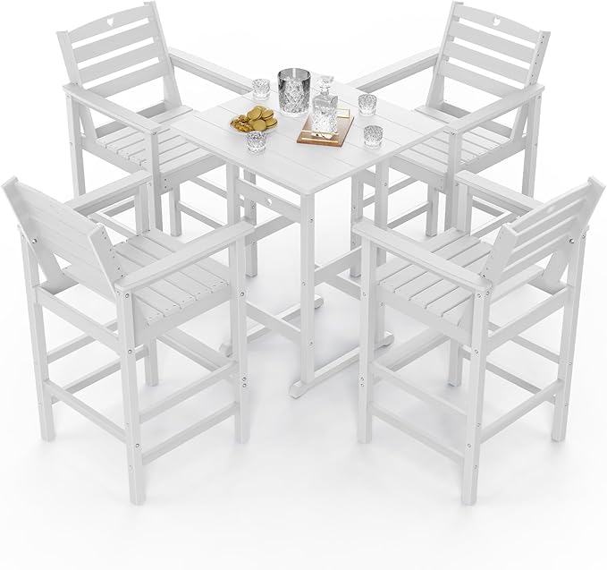 5-Piece Bar Height Patio Table and Chairs Set, HDPE Wood Grain Outdoor Bar Table and Chairs with Heart Cutout Design - Photo 8