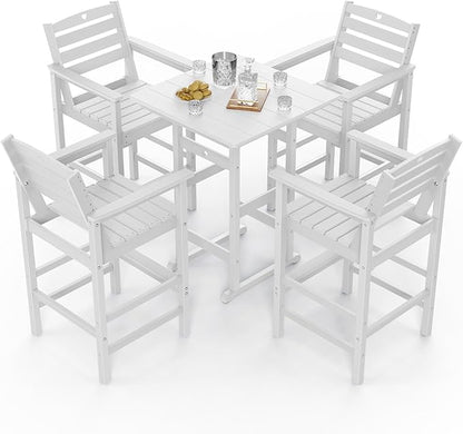 5-Piece Bar Height Patio Table and Chairs Set, HDPE Wood Grain Outdoor Bar Table and Chairs with Heart Cutout Design, Weather-Resistant Bar Height Furniture for Deck, Porch, Pool (White)