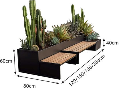 Bench with Planter Box, Outdoor Flower Box Sitting Bench Set Commercial Street Patio Leisure Table and Chair Planter Set DIY Assembled Metal Park Resting Bench Outdoor Seating Garden Bench(L150xD70xH6