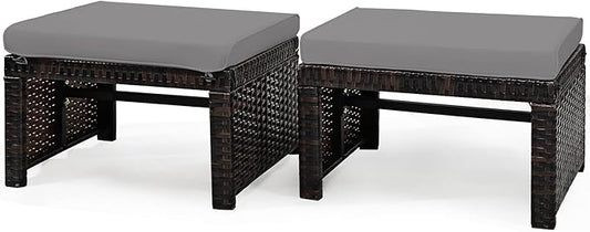 Tangkula 2 Pieces Patio Rattan Ottomans, All Weather Outdoor Footstool Footrest Seat with Soft Cushion, Hidden Zipper, High-Density Sponge, Wicker Ottoman Seat for Patio, Garden, Poolside