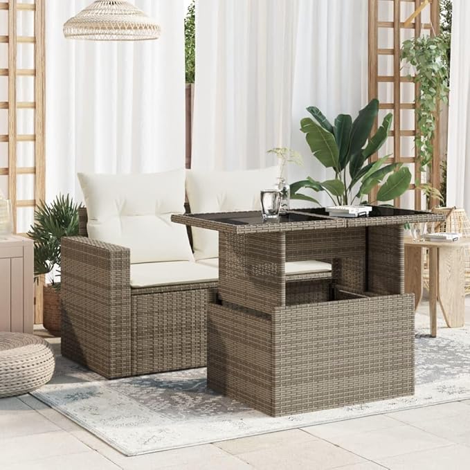 Outdoor Patio Table Grey Synthetic Rattan Rectangular Adjustable Height Tempered Glass Top for Garden Balcony Terrace - Photo 3