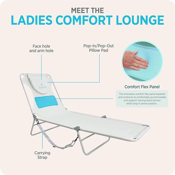 Ostrich the Ladies Comfort Lounger with Chest Support, Foldable and Portable Reclining Outdoor Patio Beach Lawn Camping Pool Tanning Chair, White
