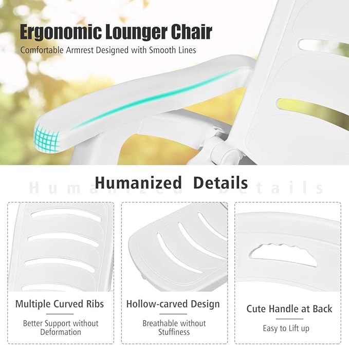 LDAILY Moccha Plastic Folding Lounge Chair, 5-Position Adjustable Chaise Lounge with 2 Rolling Wheels, Armrest, Outdoor Chaise Chair for Patio, Beach, Backyard, Poolside, Home (1, White)