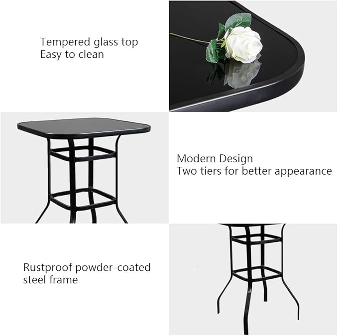 VINGLI 32" Outdoor Patio Bar Height Table, Square Tempered Glass Metal Table for Patio, Backyard, Poolside and Garden (Black)…