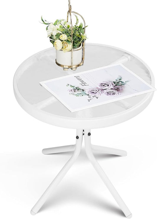 VINGLI Outdoor Side Table, 18" Patio Table Steel Frame Tempered Glass Top, Weatherproof Small Tables for Balcony Garden Poolside (White, Round)