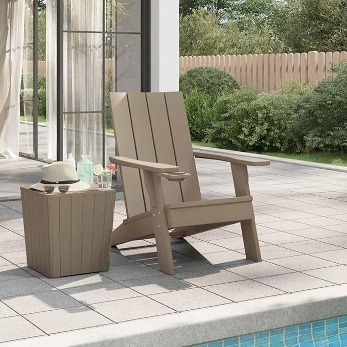 Light Brown Adirondack Chair with Cup Holder, Foldable Polypropylene Outdoor Furniture for Patio and Garden, Ergonomic Design for Comfortable Relaxation