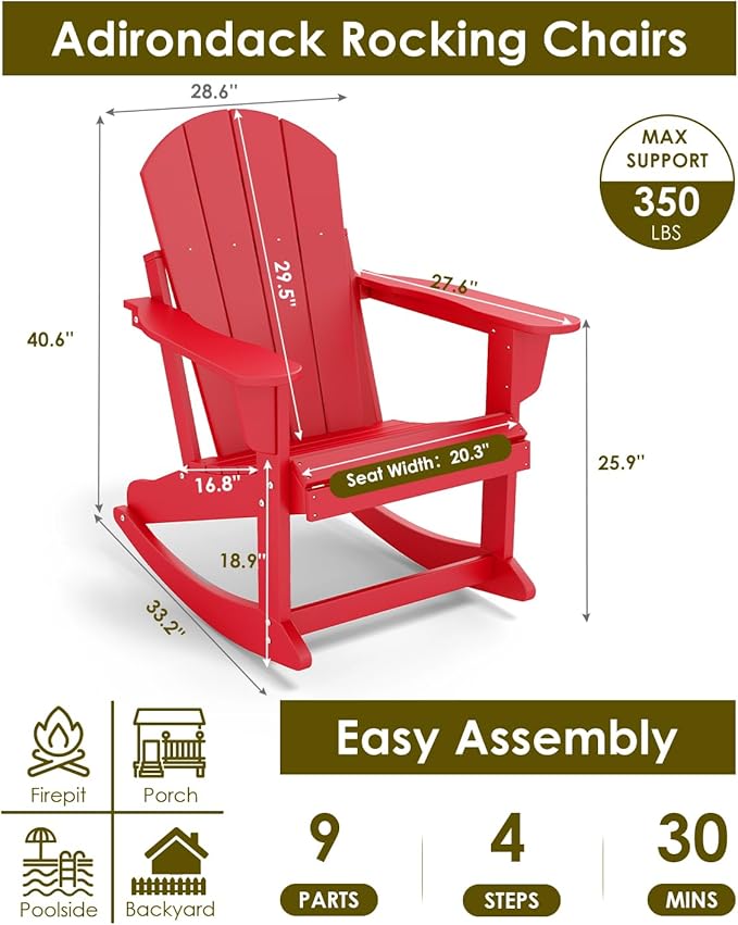 GREENVINES Adirondack Rocking Chairs Set of 4 | HDPE Plastic | Porch Rocker | Chair for Outdoor Patio Deck | All Weather | Red