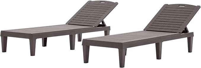 Outdoor Chaise Lounge Chair Set of 2 with 5 Position Adjustable Backrest, Water-Resistant Tanning Chair Recliner, Resin Pool Lounge Chairs for Patio, Poolside or Beach (Dark Brown)