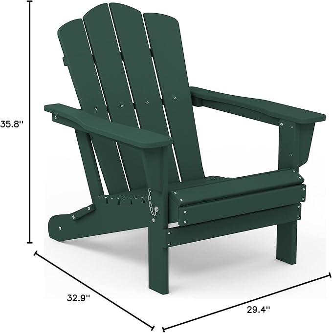 KINGYES Folding Adirondack Chair, HDPE All-Weather Patio Chairs, Wooden Textured Lawn Chair for Poolside, Backyard, Deck, Fire Pit, Green