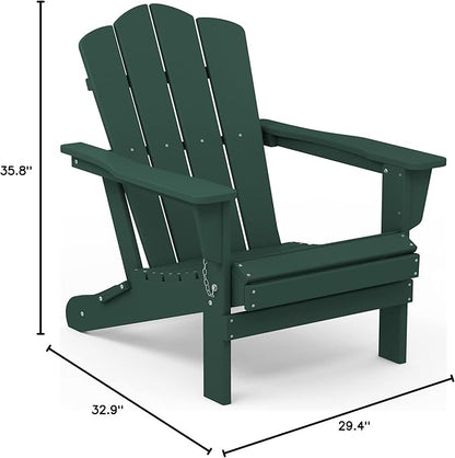 KINGYES Folding Adirondack Chair, HDPE All-Weather Patio Chairs, Wooden Textured Lawn Chair for Poolside, Backyard, Deck, Fire Pit, Green