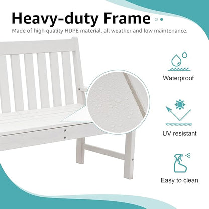 COBANA Outdoor Garden Bench, All Weather HDPE Patio Porch Bench with Faux Wood Grain Pattern, 2-Person Seat for Lawn, Park, Backyard, Entryway, White