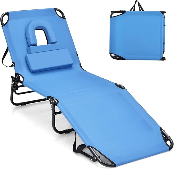 GYMAX Tanning Chair, 330lbs Beach Lounge Chair with Face Hole, Washable Pillow & Carry Strap - Photo 1