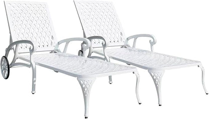 Chaise Outdoor Aluminum Lounge Chair with Wheels, 3-Position Adjustable Recliner Furniture Set for Poolside, Backyard and Patio (2pcs, White)