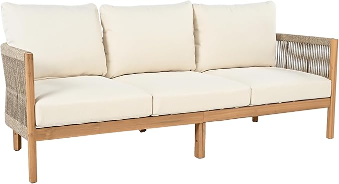 Christopher Knight Home Havets 77"W Outdoor 3 Seater Sofa, 6" Thick Cushion Couch, Acacia Wood Bench Sofa, Comfy Woven Rope Armchair, Spacious Seating Bench Couch for Backyard Garden Porch, Teak+Beige