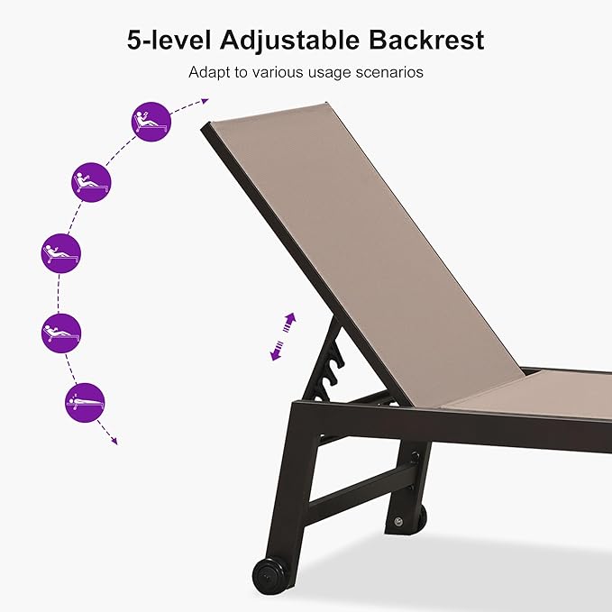 PURPLE LEAF Outdoor Chaise Lounge Chair Set of 2, Patio Pool Textilene Loungers with Adjustable Backrest and Wheels, Includes Side Table for Deck, Lawn, Garden, Taupe