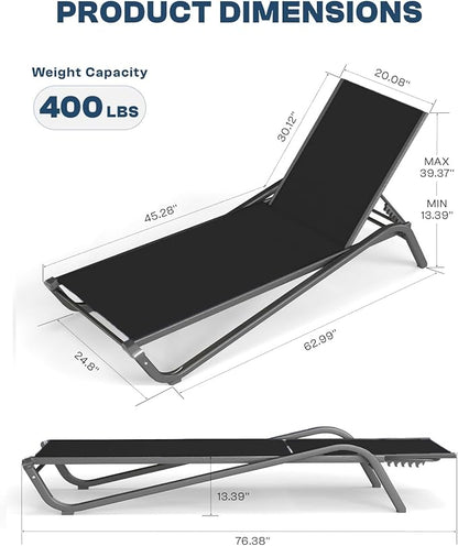 Lounge Chair Set of 4, Aluminum Chaise Lounge Outdoor, Lightweight Lounge Chairs for Outside with 5 Adjustable Backrest, Pool Lounger for Poolside, Beach, Balcony, Deck (Black)