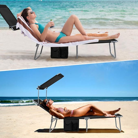 Giantex Tanning Chair, Patio Chaise Lounge Chair with 5 Adjustable Position, Shade Canopy, Storage Pocket, Camping Cot, Outdoor Sunbathing Recliner for Poolside, Lawn Folding Beach Chairs(2, Black)