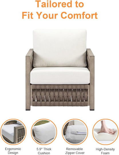 Patio Sofa Chair, Never Rusts Aluminum Outdoor Armchair with Washable Cushions, Rope Weave Outdoor Sofa Chair Patio Sofa Armchair, Deep Seating Patio Furniture for Garden, Porch, Gray Oak