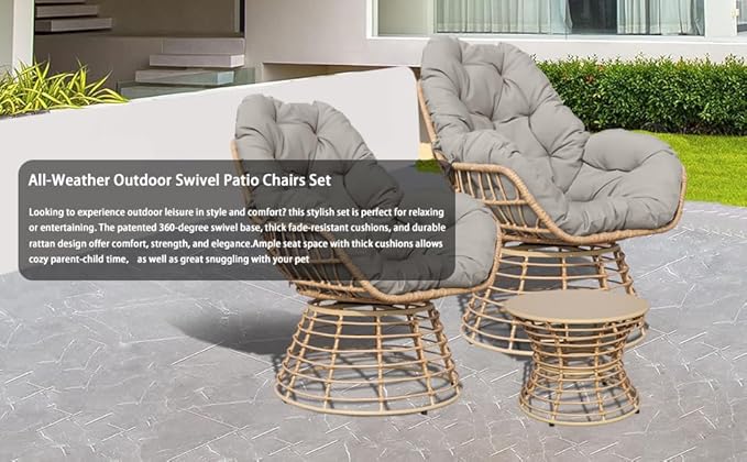 Swivel Chairs for Outside Patio Set of 3, 360° Swivel Pe Wicker Luxury Lounger Chair with 20" Side Table, Soft Cushion and Durable Frame, for Apartment Balcony, Patio, Porch, Yard (Grey)