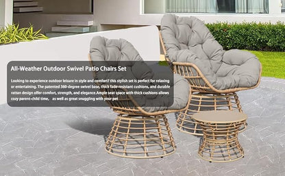 Swivel Chairs for Outside Patio Set of 3, 360° Swivel Pe Wicker Luxury Lounger Chair with 20" Side Table, Soft Cushion and Durable Frame, for Apartment Balcony, Patio, Porch, Yard (Grey)