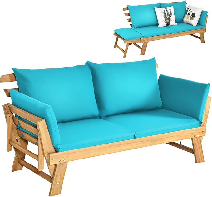 DORTALA Patio Convertible Couch Sofa Bed, Acacia Wood Daybed w/Adjustable Armrest - Photo 1